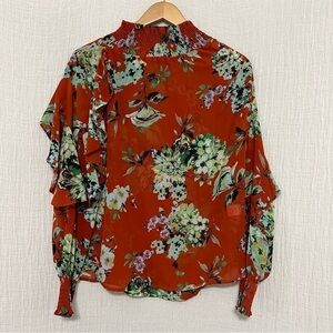 David & Dani orange floral blouse ruffle sleeves high neck size M